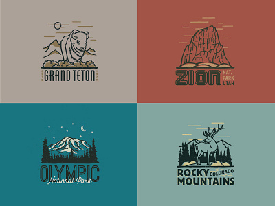 Landmark Mod Parks Tees 3 badge buffalo grand teton hand drawn illustration national olympic parks rocky mountains the landmark project vintage zion