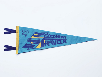 Good News Travels Pennant 80s badge banner branding felt handmade heritage homage identity logo oxford pennant pin retro screenprint throwback travel typography vintage