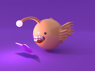 Nerdy Anglerfish 3d anglerfish book character character design cute fish illustration kawaii nerd orange purple render vectary