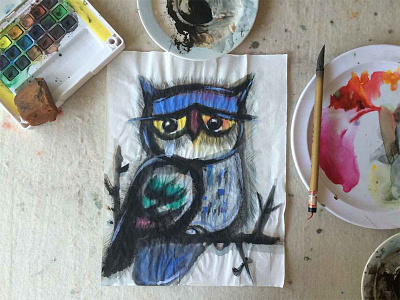 Cry Owl chinese painting illustration water color