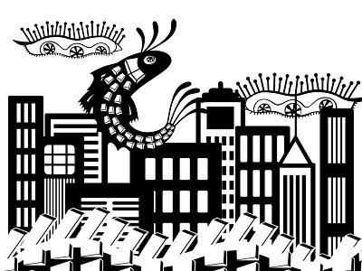 Fish's City black and white digital illustration