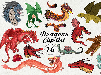 Watercolor Dragons clipart Set