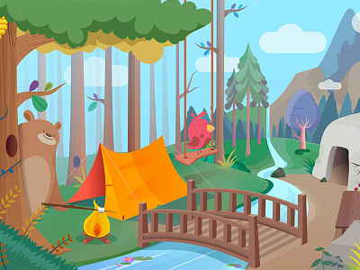 Camping in the Forest bear camping character design family family.me forest illustration