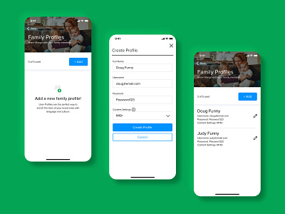 Family Profiles on Mobile mobile app product design ui ux