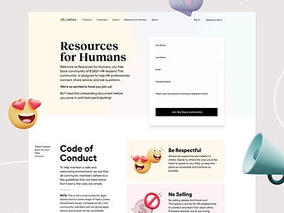 Resources for Humans Community 👯 3d code of conduct gradient guidelines illustration landing page layout megaphone smiley speech bubble ui web website