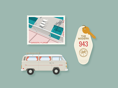 The Modern Hotel Stickers florida hotel hotel key illustration modern postage stamp stamp stickers vintage key vw bus