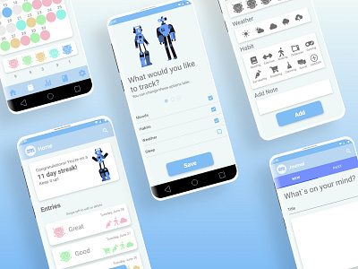 Mood Tracker App android blue calendar design illustration ios journal mood tracker robot ui