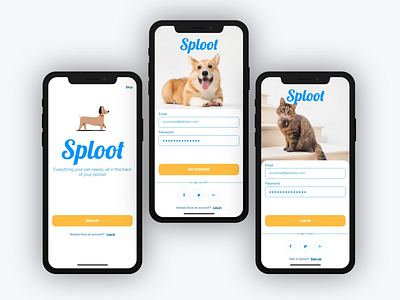 Sign Up Sign In Screens for Pet eCommerce App app blue and yellow branding design dog ecommerce app log in login mobile app pet store sign up ui welcome screen