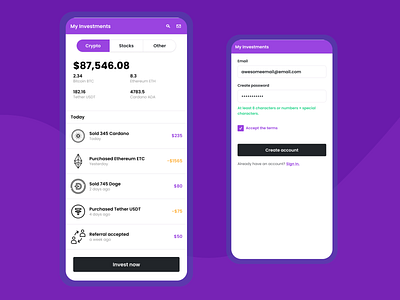Finance Crypto Mockups create account crypto crypto app cryptocurrency dashboard design finance fintech investment iphone phone sign up stocks ui