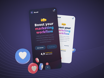 Accel - Marketing workflow 3d clients concept design emoji gradient hearts marketing marketing site mobile mobile app mobile design rating round social socialmedia tool workflow