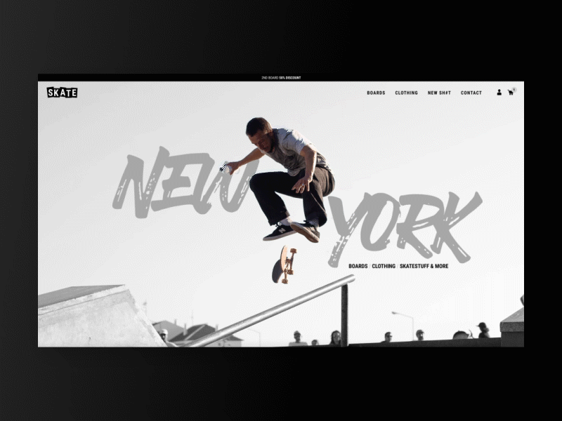 Parallax Skateshop desktop ecommerce experience header layout motion nav navigation bar newyork parallax skate skateboard skater skateshop ui uianimation ux webshop