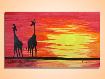 Acrylic ‪Painting‬ of Giraffe with Sunset - Handmade & Original acrylic colors art artist best birds famous giraffe india painting sonal d sunset wildlife