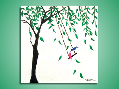 Kiss in The Swing - Handmade & Original Painting acrylic colors art artist best birds famous love painting sonal d sonu tree wall art