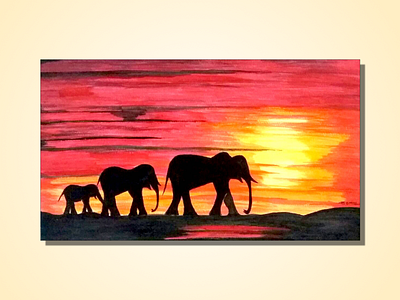 Handmade Painting of Elephant Family With A Cute Baby Elephant animal acrylic colors art artist best elephant famous painting sonal d sonu sun set wall art