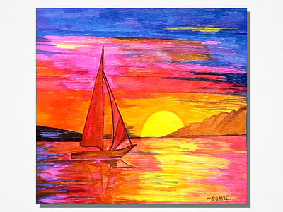 One WORD about this painting? acrylic colors artist best famous handmade india natural painting sea ship sonu sunset