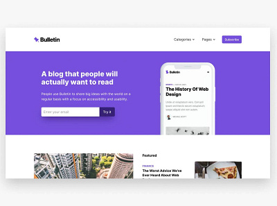 Bulletin - Modern news blogs article blogging blogs branding clean graphic design minimalist modern news portfolio purple responsive simple tech ui wordpress