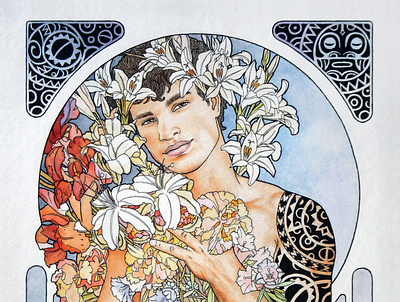 Man with flowers art-nouveau art nouveau flowers graphic man watercolour