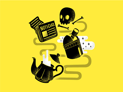 Illustration for a play's poster - "Atalhos" black design drawing illustration newspaper poster simple skull spatter teapot telescope yellow