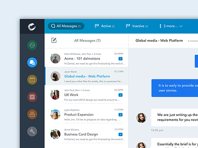 Messages Mail App Design blue chat client dashboard email header messages sidebar