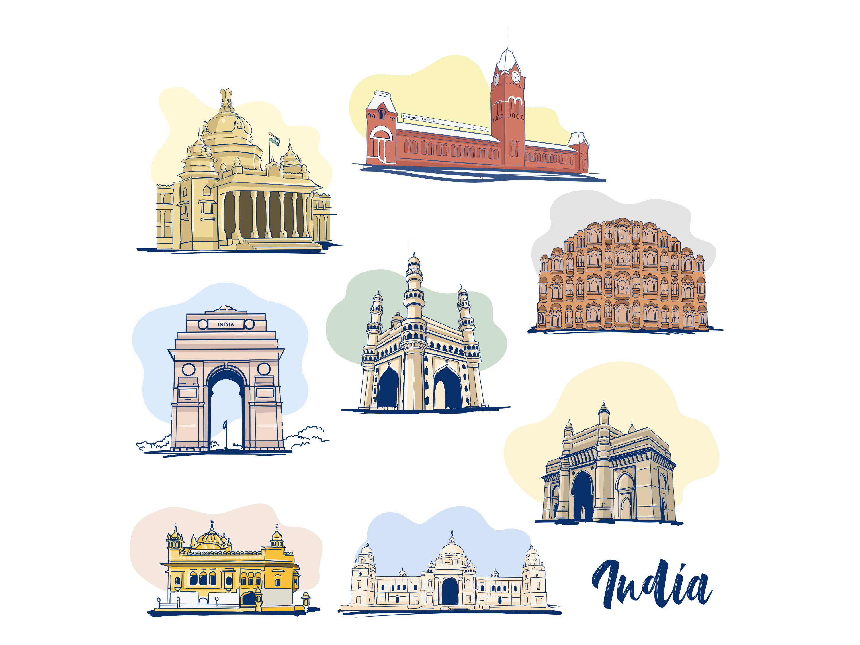 Indian famous monuments sketch Qutub Minar Lotus Temple India Gate and  Taj Mahal with flying pigeons on grey rays background  Stock Image   Everypixel