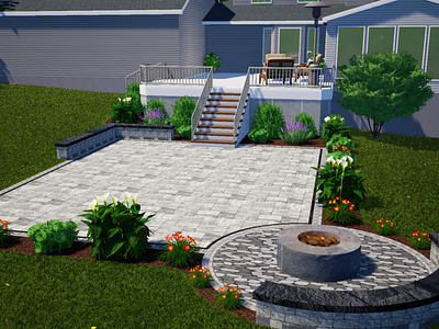 Patio render with sitting wall and firepit 3d fire pit hardscape landscape patio patio design pavers render sitting wall