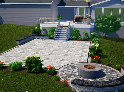 Patio render with sitting wall and firepit 3d fire pit hardscape landscape patio patio design pavers render sitting wall