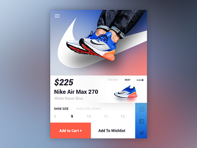 Nike Air Max 270 White Racer Blue - UI/UX Product Card Concept cart checkout e commerce fashion mobile product shoe shop store ui ux web