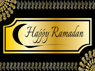 Happy Ramadan in a golden rectangle between two mandala
