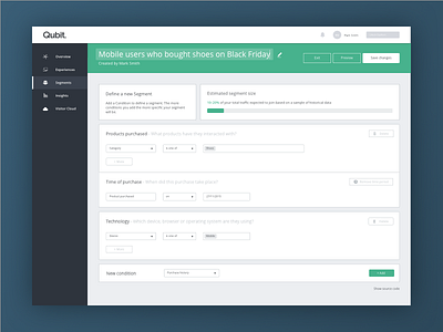 Segment builder UI app builder design form product design qubit segmentation ui ux web