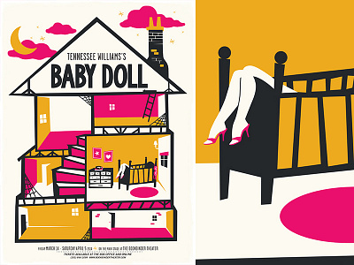 Baby Doll house orange poster prink stylized theater three color vector