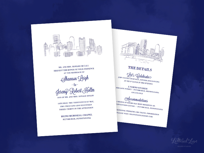 PGH Skyline Stationery illustration invitation invitations pittsburgh script skyline stationery wedding