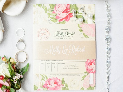 Molly & Robert belly band floral gold invitation invite marriage metallic rsvp stationery vintage wed wedding