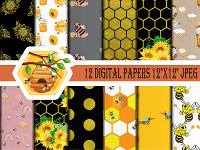 Bumble Bee Digital Papers, Bee Papers, Insects, Honey, Hive bee pattern design wrapping paper png