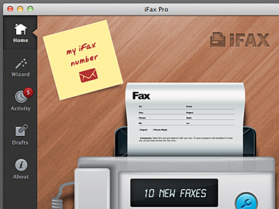 iFax for OSX: Home Dashboard app blue fax ifax ios lion mac osx tab tabs texture