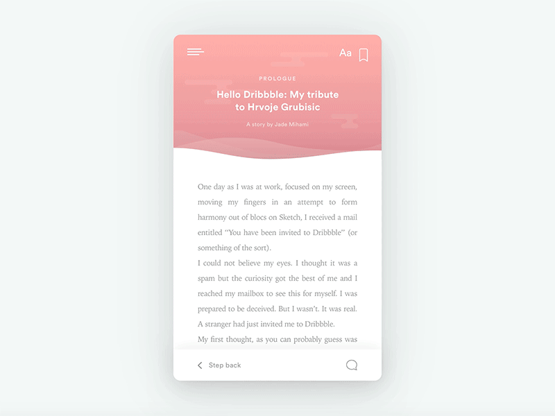 Hello Dribbble animation app article card comments first short hello dribbble interaction minimalist parallax reading tribute