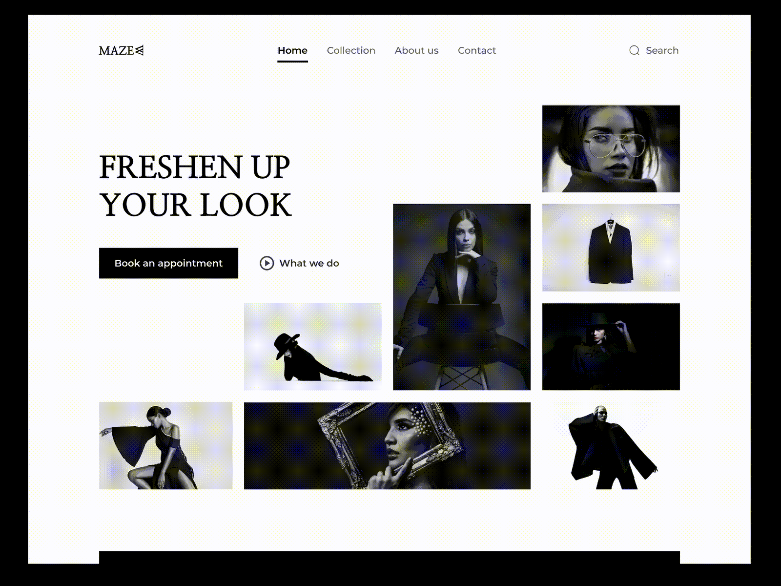 MAZEW FASHION CONSULTANCY LANDING PAGE ANIMATION animation branding consultation fashion fashion consultancy landing page solid ui ui design white and black