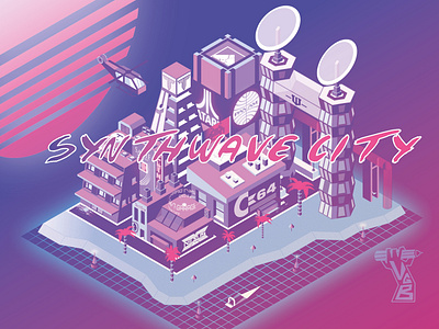 Synthwave City 3d 80s city cityscape gradients graphic design illustration isometric syntwave