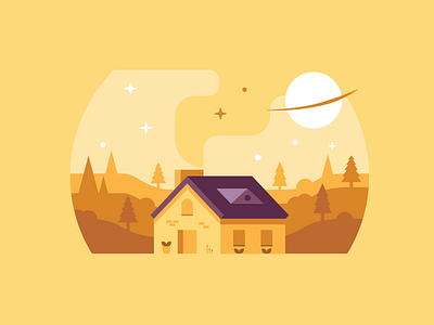 Orange Cabin cabin house illustration moon planet stars woods