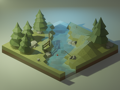 Afternoon at a River - Low Poly Forest 3d 3d art 3dsmax blender blender3d diorama forest isometric low poly low poly forest low poly tree low poly water lowpoly nature waterfall