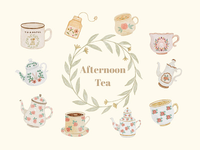 Afternoon Tea Hand Draw Watercolor afternoon coffee design floral flower graphic design handdraw illustration mug tea teacup teapot watercolor