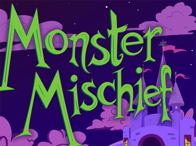 "Monster Mischief" Title screen castle clouds medieval monster monster mischief purple video game