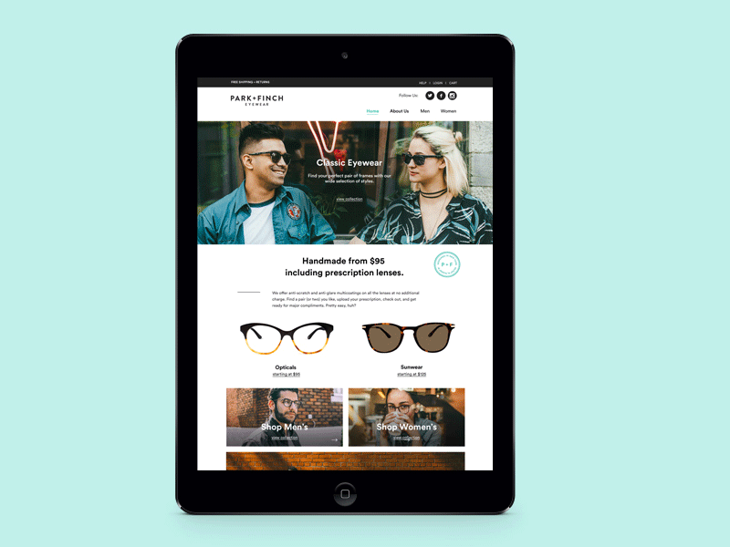Park and Finch Eyewear clean e commerce ecommerce glasses layout minimal montreal online store ui ux web design website
