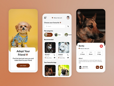 Pet adoption mobile app buttons card categories design details dribble home page icons light mode mobile app nav bar onboarding search bar ui ux