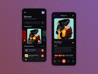 Book Podcast mobile app audio player buttons card dark mode design home page icons mobile app nav bar player playing now podcast app ui