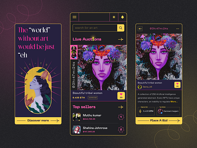 NFT trading app art buttons card colors dark mode design detail page icons logo mobile app nft nft app onboarding search bar tags ui