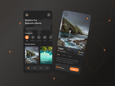 Travel app about app booking buttons cards dark mode design explore home page icons images minimal mobile app nav bar search bar simple travel travel app ui ui design