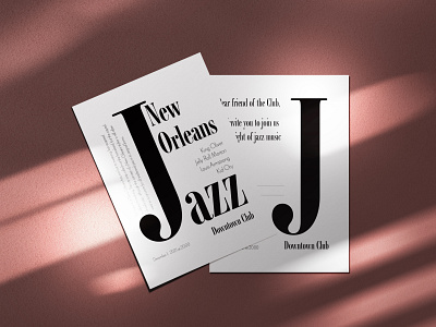 Double-sided invite to New Orleans Jazz concert black and white branding concert design event graphic design illustration indesign invitation invite jazz minimal music poster type typography