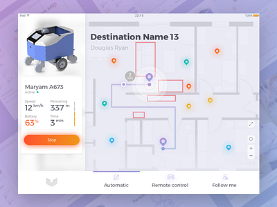 Robot onboard interface / Destination Screen dashboard interface onboard purple robot ui ux