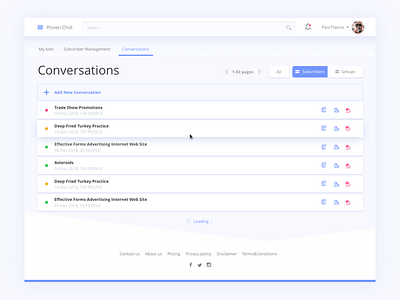 Dashboard Conversations Page for Chat Bot account chat bot conversations dashboard dialogue discussion material negotiations session status talk user management