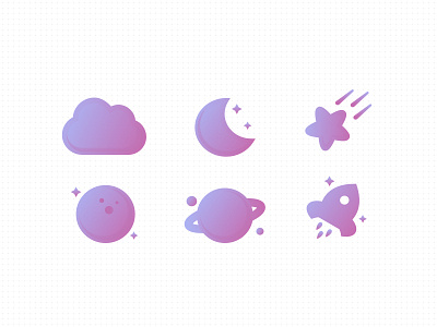 Galaxy Icons cloud galaxy gradient icon icon set illustration minimal moon rocket saturn shooting star visual design